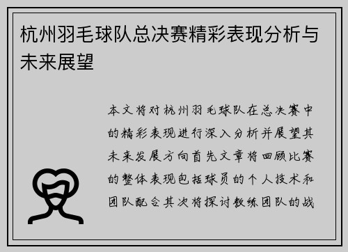 杭州羽毛球队总决赛精彩表现分析与未来展望
